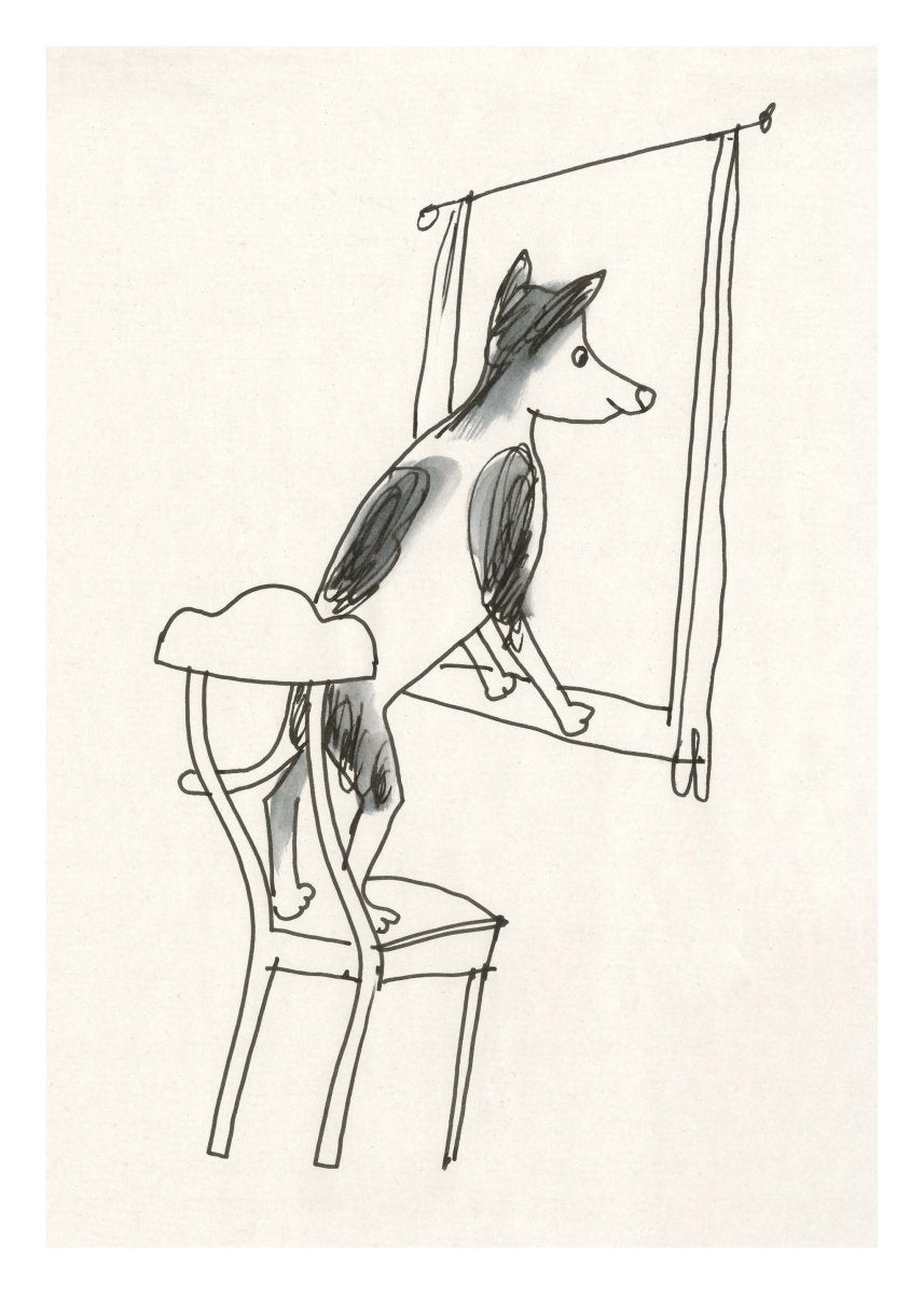 Illustration af Thomas Winding – Forventningens Glæde med hund på stol ved vindue, fra bogen Min Lille Hund Mester