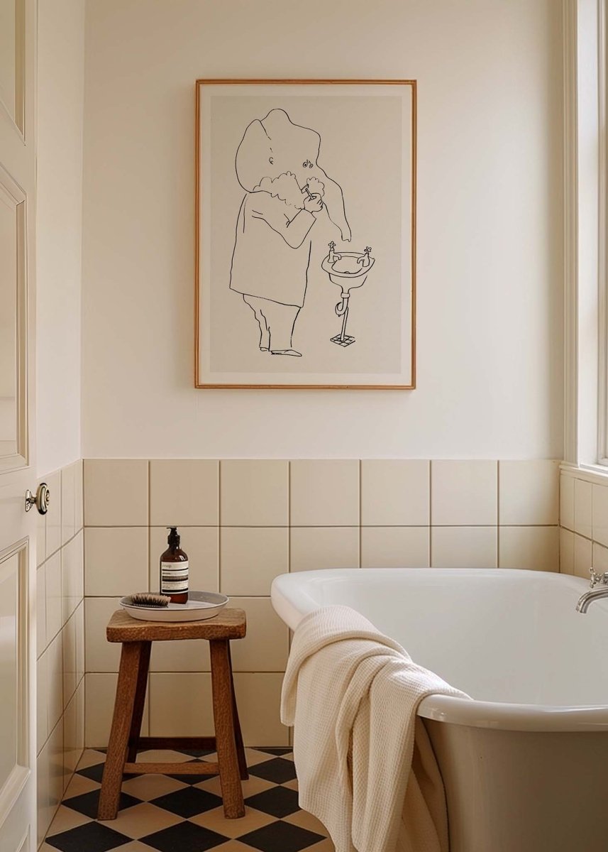 Børneplakat af Thomas Winding – elefanten barberer sig, hængende med humor over badekar i lyst badeværelse